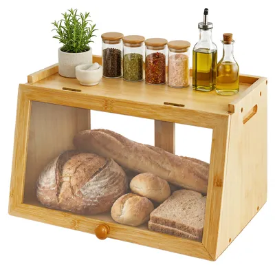 Imagen del producto de Relaxdays, caja de pan de bambú, con tapa frontal y puerta corredera, acceso doble, dimensiones: 23 x 39 x 26 cm, color natural, Imagen generada por IA