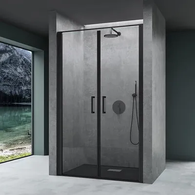 Produktbild von Duschtür Nischentür dusche 140x195cm Schwingtür 180° | Duschabtrennung Duschkabine Schwarz, 8mm ESG Nano-Beschichtung Klarglas mit Hebe- und Senkmechanismus Teramo66