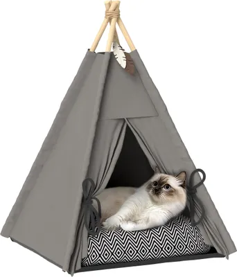 Obrázok produktu pre PawHut teepee stan pre domáce zvieratá, stan pre mačky s odnímateľným a umývateľným vankúšom, domček pre mačky s protišmykovou podlahou, loptička na hranie, pre mačky do 5 kg, mini psy, 60 x 60 x 76 cm, sivá
