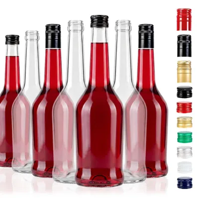Zdjęcie produktu dla Szklana butelka o pojemności 500 ml z czarną zakrętką, przeznaczona do napojów