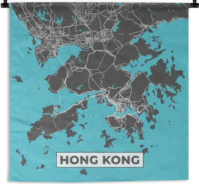Produktbild von MuchoWow® Wandteppich Wandbehang Hongkong - Blau - Karte - Stadtplan 150x150 cm Tapisserie Dekoration Wandtuch - Wohnaccessoires - Modernes