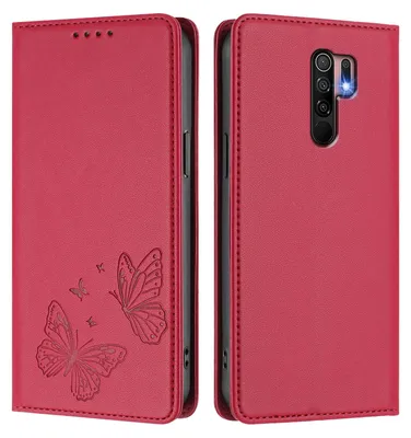 Produktbild von Lederhülle für Xiaomi Redmi 9, Schmetterling Prägung Leder Brieftasche Schutzhülle mit Ständer Rot
