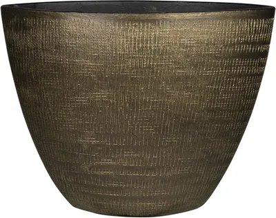 A close-up, studio shot of a textured, oval-shaped planter pot.