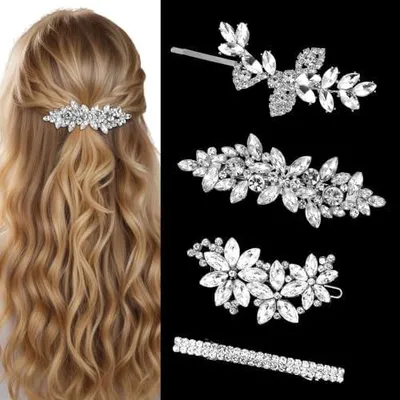 Immagine prodotto di Set di 4 fermagli per capelli da sposa, decorati con strass, ideali per matrimoni ed eventi speciali. Accessori per capelli in argento e oro, perfetti per spose e damigelle
