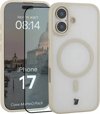 Produktbild von Schutzhülle mit Magnetring + gehärtetem Glas für iPhone 17, Bizon MatteO Pack, Getönt-Beige