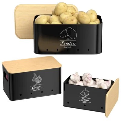 3er-Set Aufbewahrungsboxen für Kartoffeln, Zwiebeln, Knoblauch, schwarz
