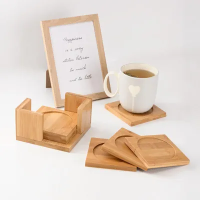 Productafbeelding van 6 Delige Vierkante Onderzetters Set - Bamboe - Incl Onderzetter Houder - Bamboo Hout - 6 Stuks onderzetters met houder