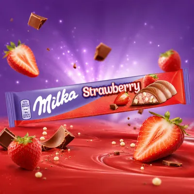 Produktbild von Milka Schokoladenriegel Erdbeer 36.5g, Milchschokolade, 36,5 g, Erdbeere, 2340 kJ, 561 kcal, 35 g