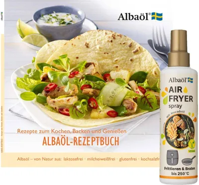 Produktbild von Albaöl Set mit Rezeptbuch „Rezepte zum Kochen, Backen & Genießen“ + Albaöl Air Fryer Spray 190 ml – ideal zum fettarmen Braten, Backen & Frittieren
