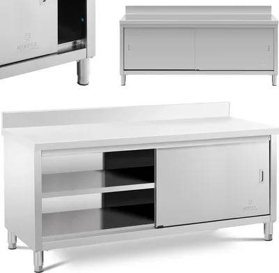 Zdjęcie produktu dla Stół Blat Roboczy Przyścienny Z Szafką I Rantem Drzwi Suwane 200 X 70 Cm