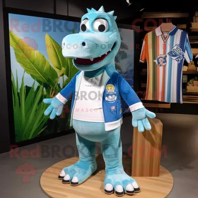 Produktbild von Himmelblaues REDBROKOLY Krokodil Maskottchen kostüm bekleidet mit Boardshorts und Anstecknadeln