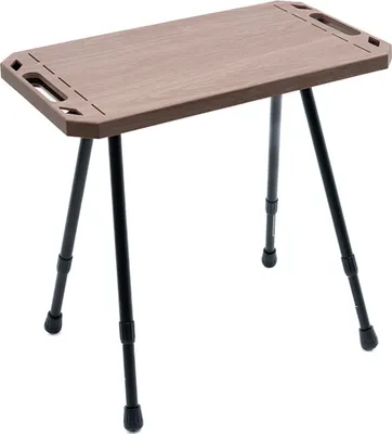 A small, portable folding table with a wooden-effect top and black metal legs.