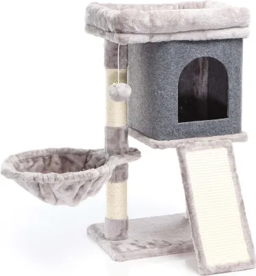 Obrázek produktu pro Škrabadlo Fudajo v šedé barvě, výška 71,5 cm, škrabadlo pro kočky s vyhlídkovou plošinou, strom pro kočky s vaničkou na ležení, škrabadlo a domeček, šplhací strom pro kočky