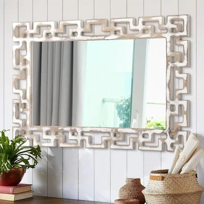 Produktbild von Rechteckiger Wandspiegel Wanddekospiegel Badspiegel - Holzrahmen - Rustikal - 65 x 45 cm - Für Wohnzimmer und Schlafzimmer