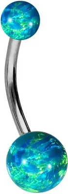 Produktbild von Bauchnabelpiercing Titan Bananabell SYNTHETISCHE OPALE Silber | Opalfarbe: Dunkelgrün Stablänge: 12mm