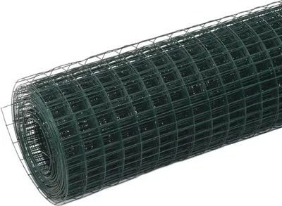 A roll of green wire mesh fencing on a white background.