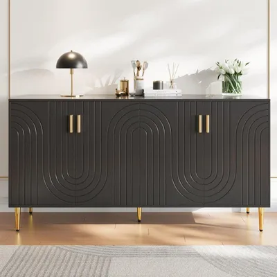 Image de Buffet/Meuble de rangement - Noir - Design ondulé unique - Poignées dorées - 152 x 40 x 75 cm