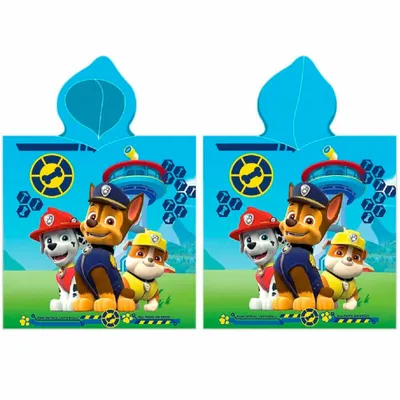 Two identical Paw Patrol microfiber ponchos are displayed side-by-side against a light blue and white background.