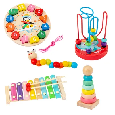 Produktbild von Holzspielzeug-Set für Kleinkinder, 5-in-1: Lernuhr, Klangspiel, Motorikschleife, Fädelraupe & Stapelturm – pädagogisches Spielzeug ab 12 Monaten
