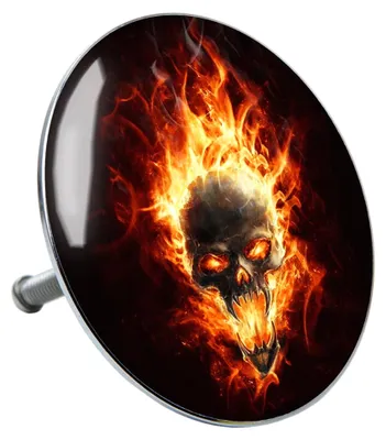 Produktbild von Badewannenstöpsel Totenkopf in Flammen, Stöpsel für Badewannen, deckt den gesamten Abflussbereich ab, universell mit Motiv