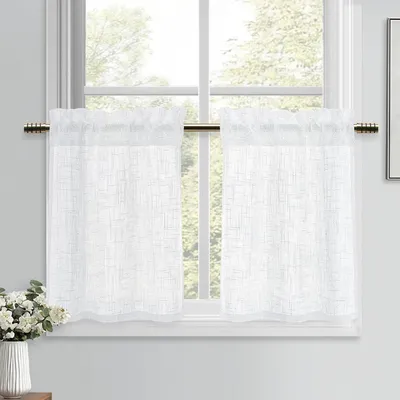 Image de Rideaux en lin imitation, rideaux semi-transparents, courts, lot de 2, dimensions : 60 cm de haut x 60 cm de large. Rideaux de fenêtre modernes, idéaux pour les cuisines et les caravanes