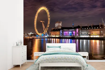 Produktbild von MuchoWow® Fototapete für Wohnzimmer oder Schlafzimmer Wandtapete Vinyl Motivtapete Beleuchtung der Gebäude und des London Eye in London - 330x240 cm - Vinyltapete