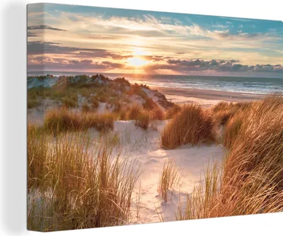 Produktbild von OneMillionCanvasses® - Leinwandbilder - 150x100 cm, Düne - Pflanzen - Sonnenuntergang - Strand - Meer, Wandbilder Kunstdruck Wanddekoration - Foto auf Leinwand - Gemälde auf