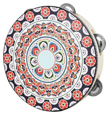 Image de Tambourin en bois de 20 cm, avec clochettes en métal, de couleur rouge