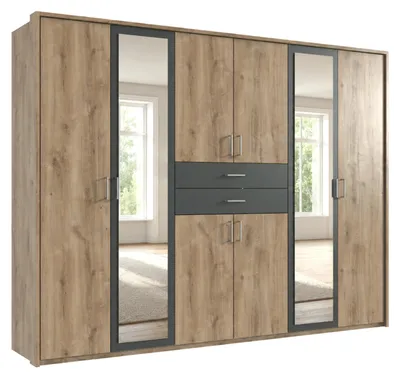 Produktbild von Drehtürenschrank Kleiderschrank 273 cm Passepartout Schubkästen Spiegel Eiche Nachbildung und Grafit / 22603