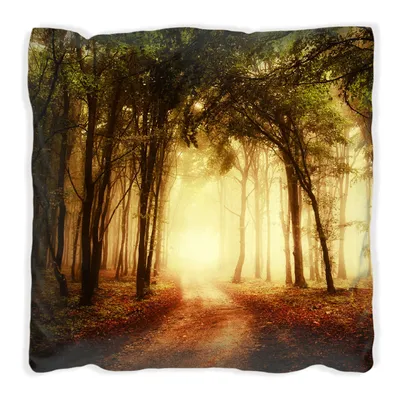 Produktbild von Wallario Premium Kissen, weiche Oberfläche, mit Motiv Sonnenuntergang auf dem Waldweg, Größe: 30 x 30 cm, mit weißer Rückseite