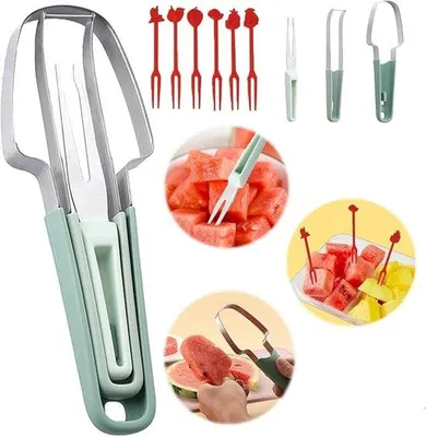 Produktbild von 3-in-1-Wassermelonenmesser - 1 Stück - Inklusive 6 Fruchtgabeln - Werkzeug zum Schneiden von Wassermelonen - Fruchtschneider - Messer - Werkzeuge - Obst - Schneiden - Multifunktionales Fruchtmesser - Tragbar - Für Wassermelone, Mango, Melone
