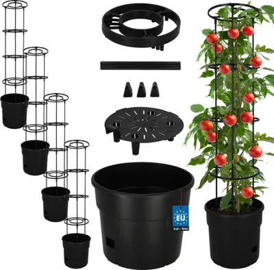 Produktbild von KOTARBAU® 4er Set Tomatenpflanze Pflanzkübel ⌀ 30 cm mit Rankhilfe 115 cm Tomatentopf für Balkon Pflanzenstütze Schwarz