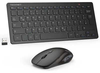 Produktbild von TECKNET Kabelloses Tastatur Maus Set, Deutsch QWERTZ Layout, 2.4 GHz Funk Mini Tastatur Mouse, 15m Reichweite Verbindung, Wireless Leise Funktastatur mit Maus für PC, Laptop, Smart TV, Schwarz