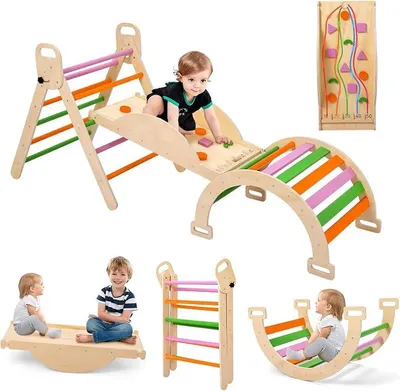Imagen del producto de Triángulo de madera multifuncional para niños pequeños, con tobogán y columpio