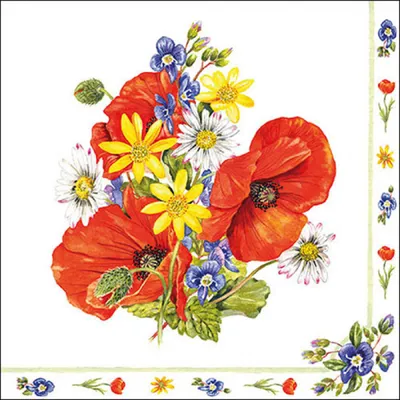 Servietten Papier 33x33cm 3-lag. mit Mohnblumen & Wiesenblumen 20 Stk.