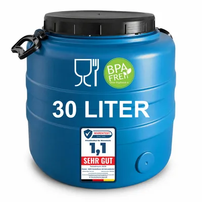 Produktbild von Plasteo 30 L Weithalsfass Lebensmittelecht HDPE Futtertonne Wassertank Mit Deckel und Tragegriffen. Für Wasser Lebensmittel Lagerung Fermentierung