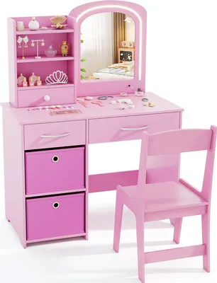 Produktbild von COSTWAY Kinder Schminktisch, Kinderschminktisch mit Beleuchtung, Spiegel, Schubladen & 2Boxen, Frisiertisch Set, Kosmetiktisch für Mädchen ab 3+, Rosa