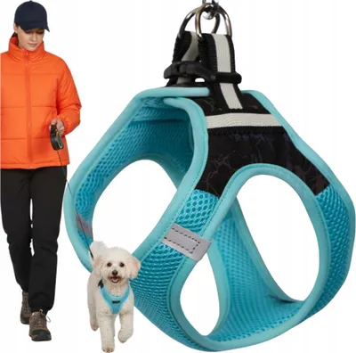 Obrázek produktu pro WOBELL | PSÍ POSTROJ PRO MALÉ PSY, REFLEXNÍ, POHODLNÝ, KOMFORTNÍ, velikost L – lehký, voděodolný, suchý zip + přezka, modrý/černý