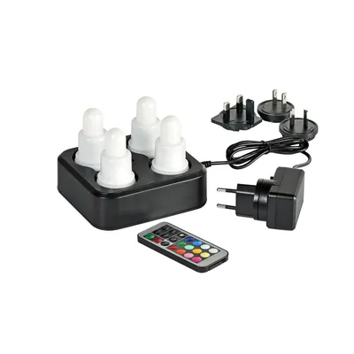 A set of four LED candles with a charging base, a remote control, and various power adapters, all displayed on a white background.