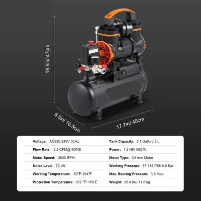 Produktbild von Leiser, ölfreier Kompressor – Kompressor – Kompressor, Reifenpumpe – 70 dB, sehr leise – 2,1 Gallon Fassungsvermögen