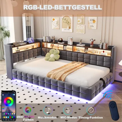 Produktbild von okwish Multifunktionales Schlafsofa 90×200 cm mit LED Bleuchtung und Steckdose,Jugendbett mit USB Steckdose Tagesbett mit Hydraulischem und Stauraum,ohne Matratze,Dunkelgrau