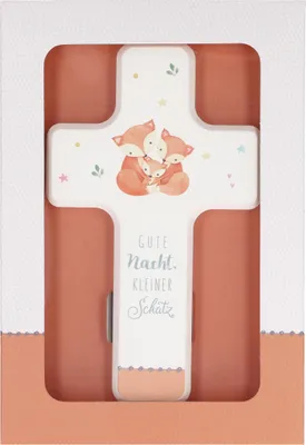 Produktbild von Kinderholzkreuz weiß Fuchsfamilie bunte Sterne "Gute Nacht, kleiner Schatz" 11x18 cm