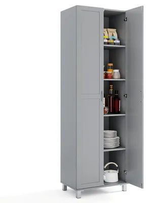 Zdjęcie produktu dla Szafka kuchenna COSTWAY wysoka, 187 cm, szafka spiżarniana z 2 drzwiami i regulowaną półką, szafka wielofunkcyjna nowoczesna, szafka wysoka, szafka bufetowa, szara