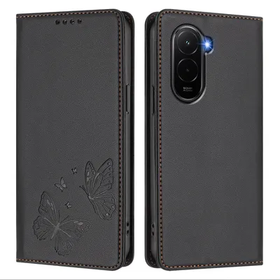 Produktbild von Lederhülle für Xiaomi Poco M7 4G, Schmetterling Prägung Leder Brieftasche Schutzhülle mit Ständer Schwarz