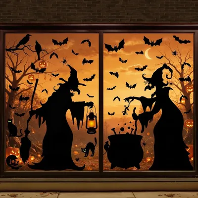 Productafbeelding van 3 stuks Halloween raamstickers, Halloween raamdecoraties, heks met zwarte kat, vleermuis, spin en silhouetten van een ketel, geschikt voor school, kantoor en thuis