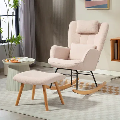 Produktbild von SUGIFT Schaukelstuhl mit Fußhocker Fleece Wingback, Schaukelsessel hohe Rückenlehne, Relaxsessel Beige | 101,5 x 70,5 x 99,5 cm | 95°–115° | Buchenholzbeine