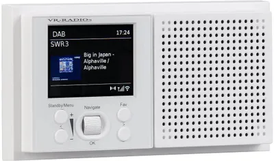 A white VR-Radio internet radio with a display showing song information.