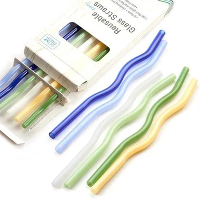Image de Lot de 6 pailles colorées et incassables en verre borosilicaté - Pailles à cocktail lavables au lave-vaisselle.