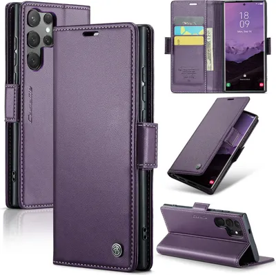 Obrázek produktu pro Pouzdro pro Samsung Galaxy S25 Ultra, RFID Blokování Karet, Pokročilé Flip Kožené Pouzdro s Funkcí Stojánku Fialová