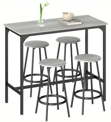 Immagine prodotto di Barkrukkenset – Design industriale – Struttura in metallo grigio – Piano del tavolo in legno massello – 5 posti